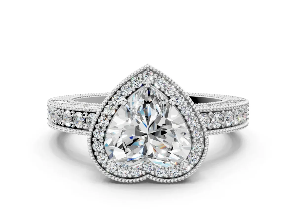 Heart Cut Cut Halo Diamond Pave Band Ring with Four-Prong Setting Platinum