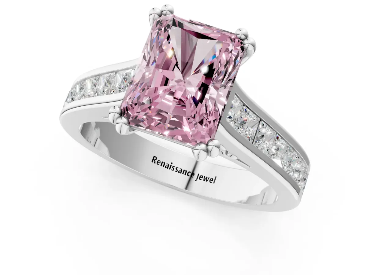 Fancy Pink Radiant Cut Cut Channel Set Solitaire Engagement Ring with Prong Setting Platinum