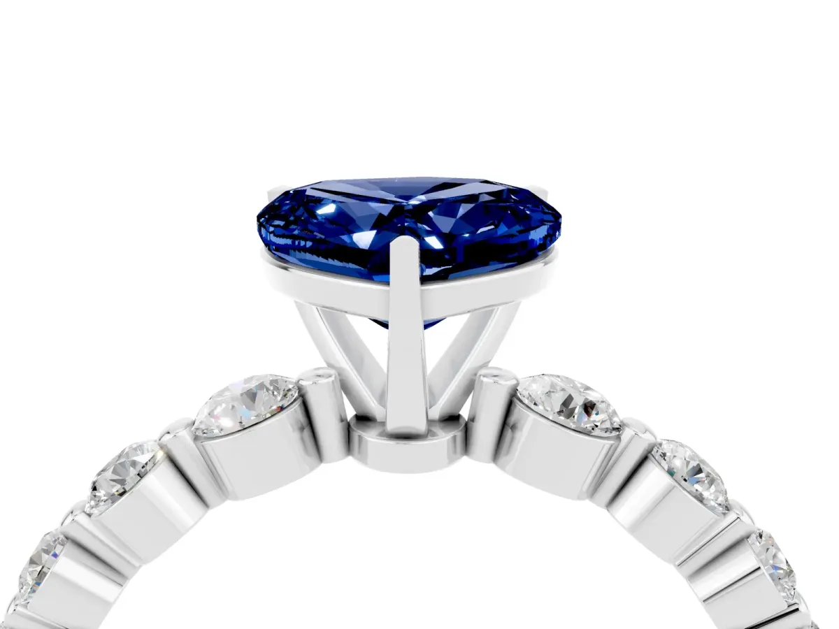 Heart Cut Solitaire Blue Sapphire Ring with Pave Band and Four-Prong Setting Silver