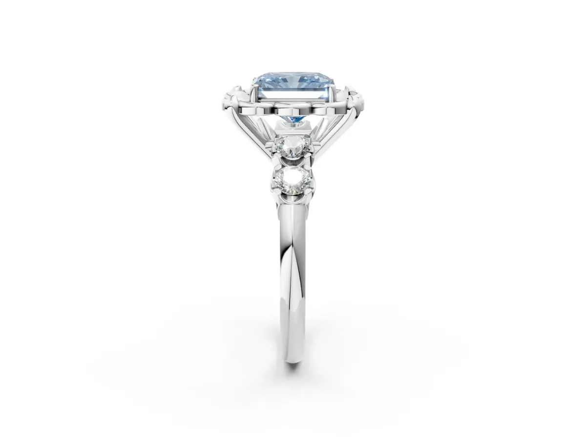 Fancy Blue Radiant Cut Cut Diamond Floral Halo Engagement Ring with Shared Prong Setting Silver