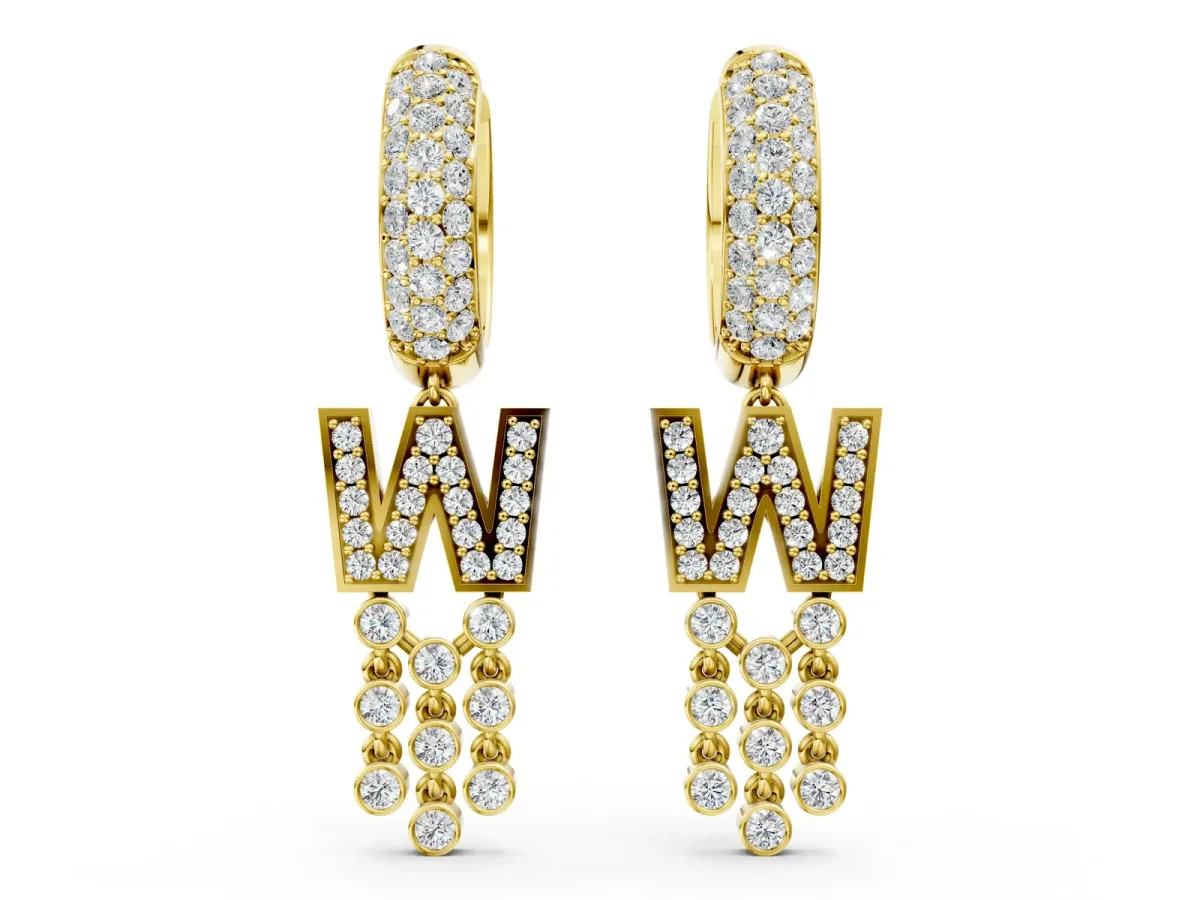 Round Diamond Initial W Huggie Hoop Earrings Yellow gold