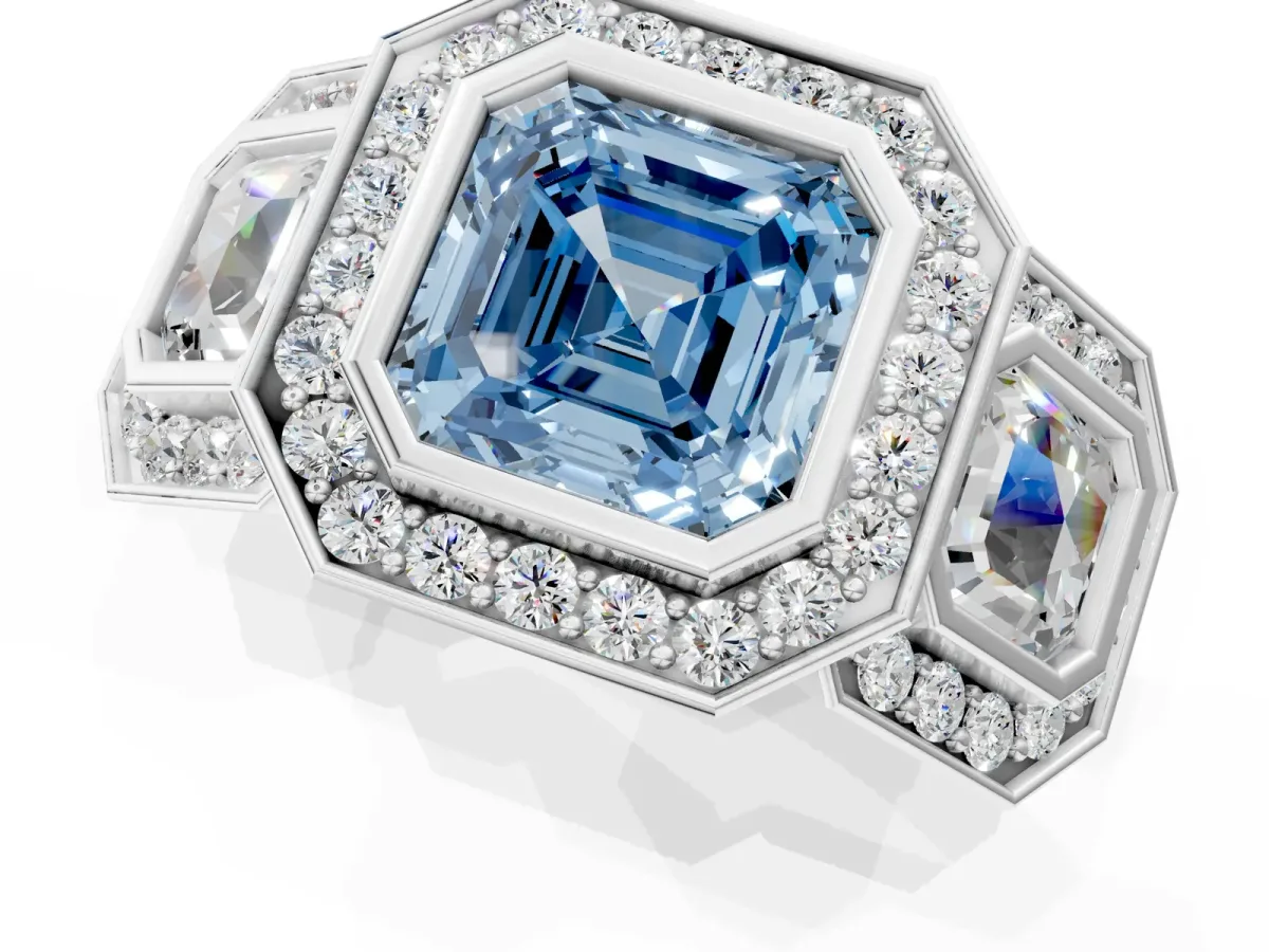 Fancy Blue Three-Stone Asscher Cut Halo Pavé Diamond Ring Platinum