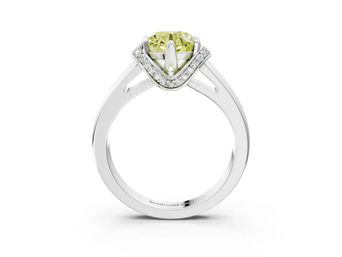 Fancy Yellow Round Cut Solitaire Diamond Ring with Pave Band and Six-Prong Setting Silver