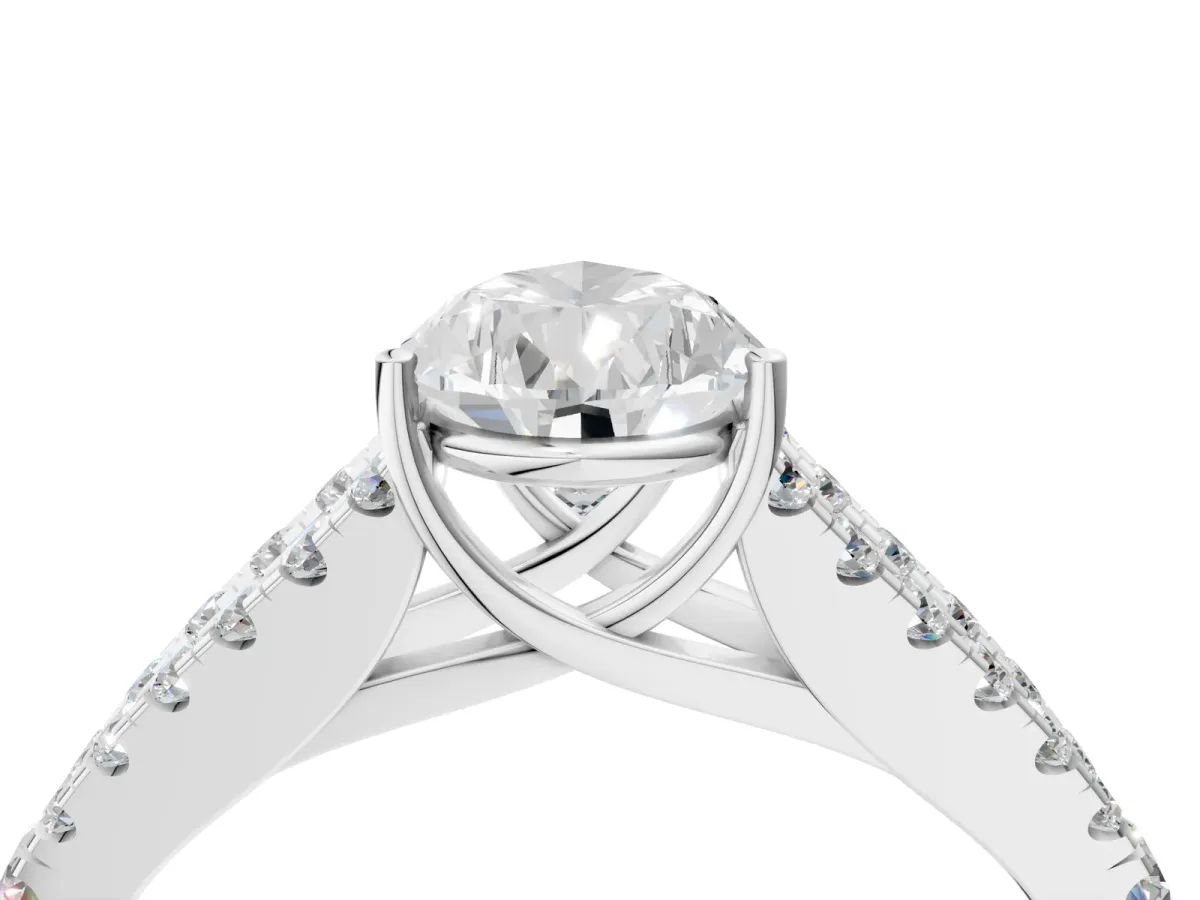Pear Cut Diamond Split Shank Engagement Ring with Round Pavé and Prong Setting Platinum