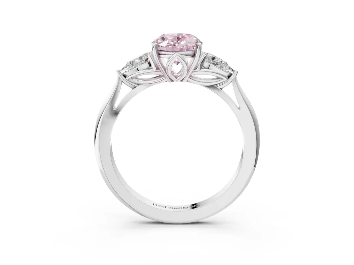 Fancy Pink Three-Stone Oval Cut Diamond Ring with Pear Side Stones in Four-Prong Setting White gold