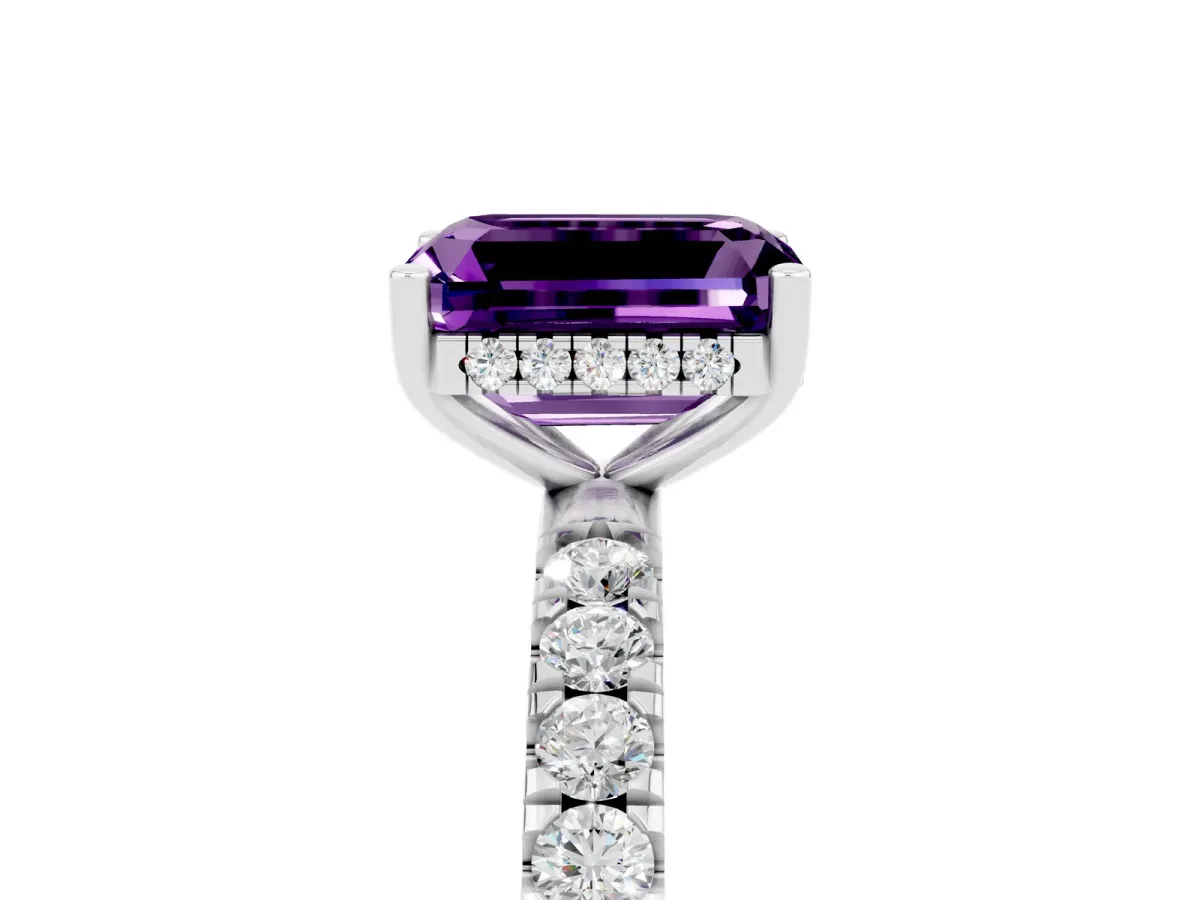Emerald Cut Amethyst Pave Band Solitaire Ring with Round and Prong Setting Platinum