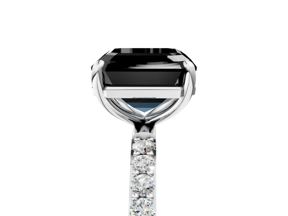 Fancy Black Asscher Cut Diamond Solitaire Ring with Round Pavé Band and Prong Setting Silver