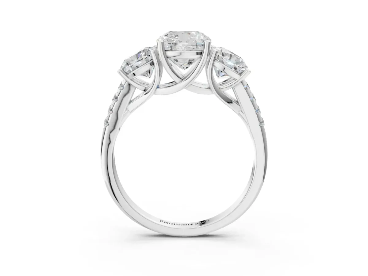 Three-Stone Cushion Cut Diamond Ring with Round Moissanite Pavé Band and Prong Setting Silver