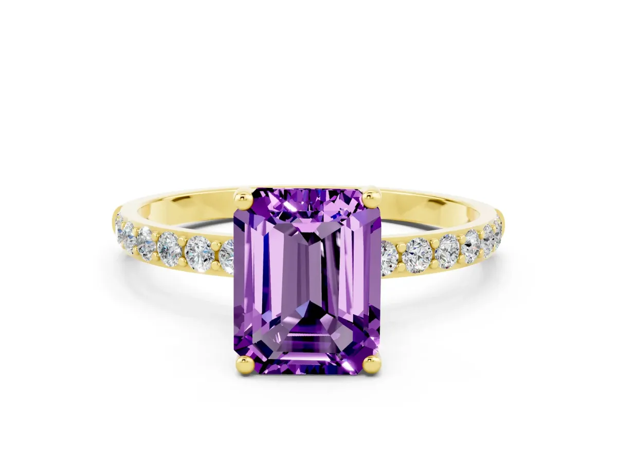Emerald Cut Amethyst Solitaire Ring with Round Pavé Band and Prong Setting Yellow gold