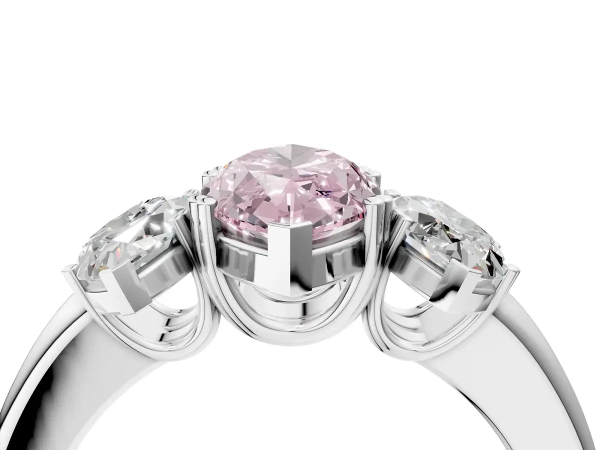 Fancy Pink Three-Stone Marquise Cut Cut Diamond Ring with Channel Set Band and Four-Prong Setting Silver