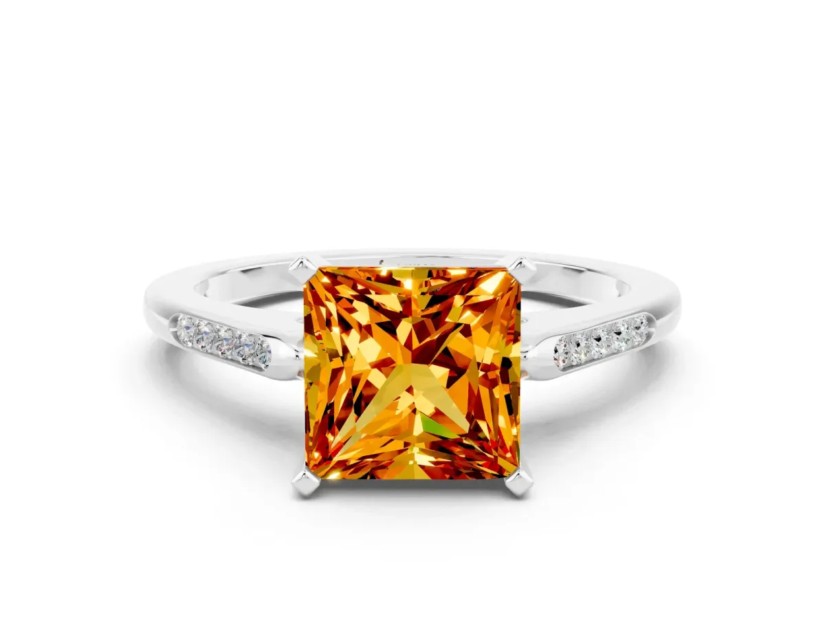 Princess Cut Citrine Solitaire Ring with Channel Set Round Band and Prong Setting Silver