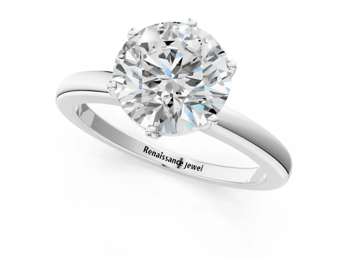 Round Cut Solitaire Diamond Ring with Six-Prong Setting on a Classic Band White gold