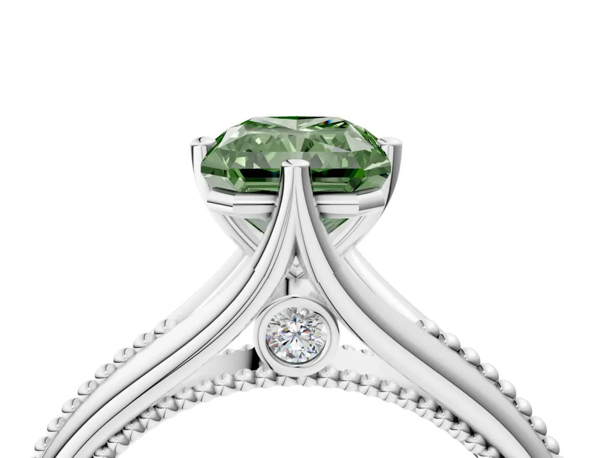 Fancy Green Radiant Cut Solitaire Beaded Band Six-Prong Setting Platinum