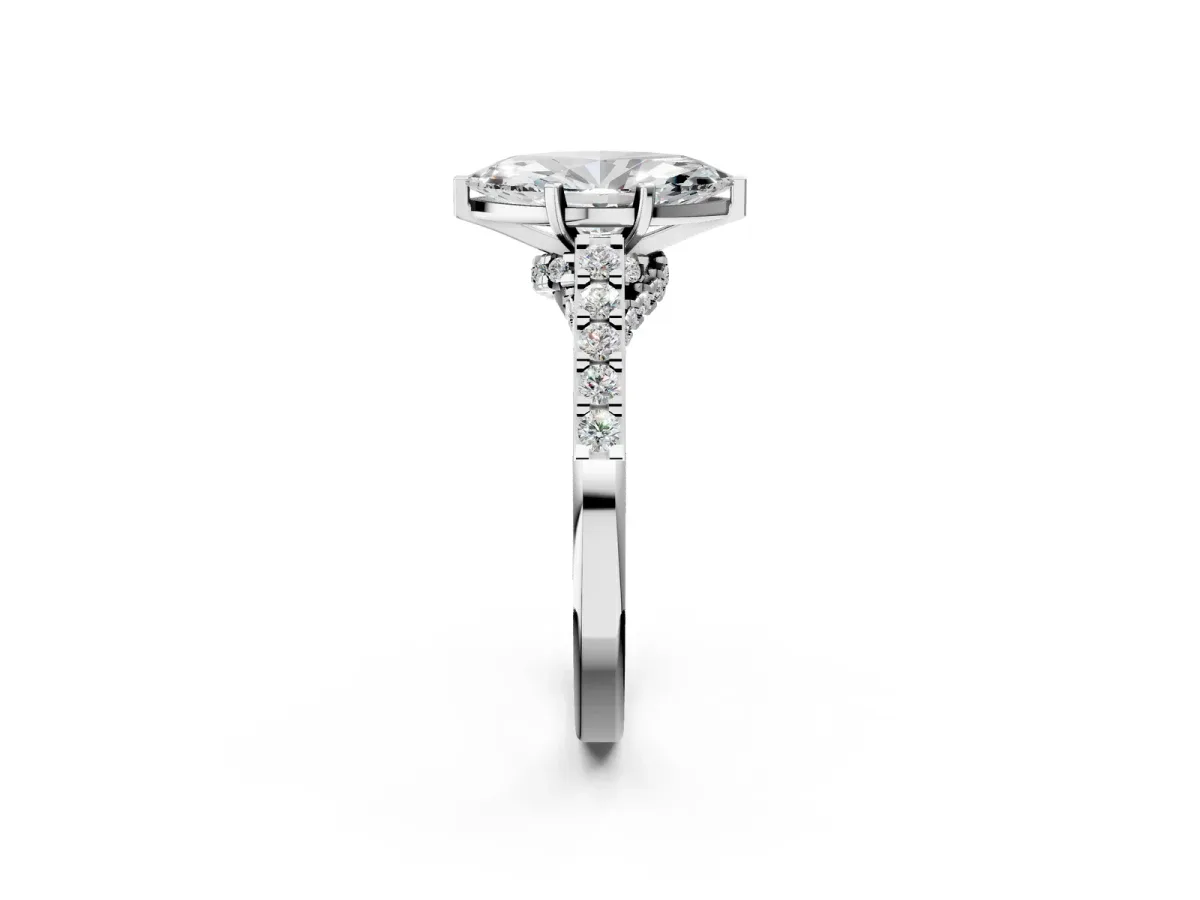 Marquise Cut Diamond Solitaire Ring with Crossover Gallery and Round Pavé Band Silver
