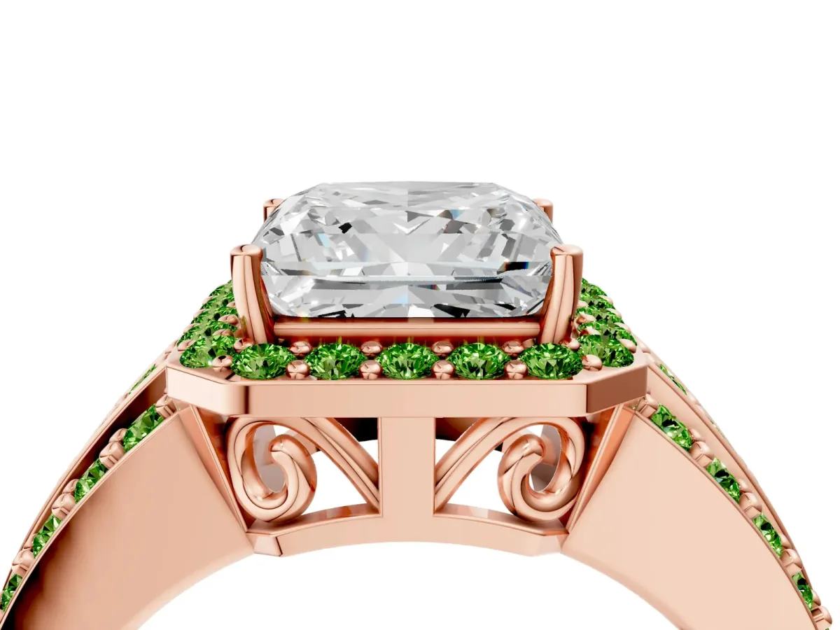 Princess Cut Halo Diamond Ring with Round Peridot Split Shank and Prong Setting Rose gold