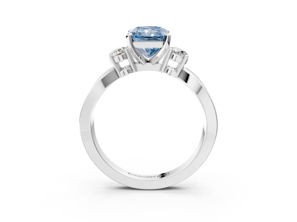 Fancy Blue Three-Stone Radiant Cut Cut Diamond Twist Band with Prong Setting Platinum
