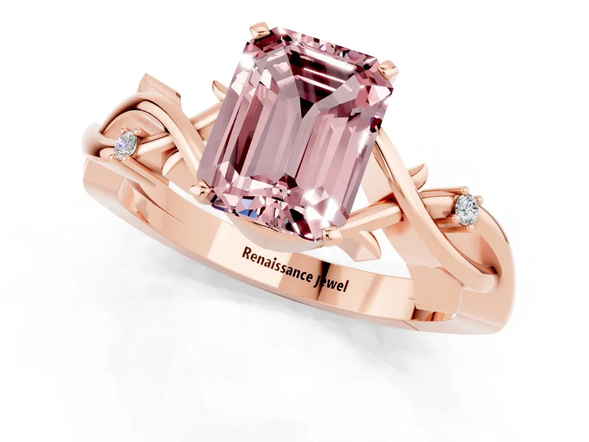 Emerald Cut Morganite Solitaire Ring with Twisted Band and Prong Setting Rose gold