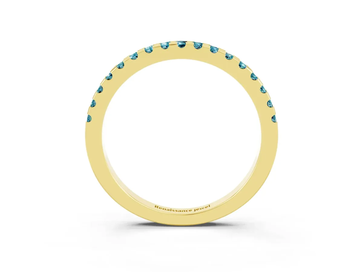 Round Blue Topaz Pavé Set Eternity Band with Micro Prong Setting Yellow gold