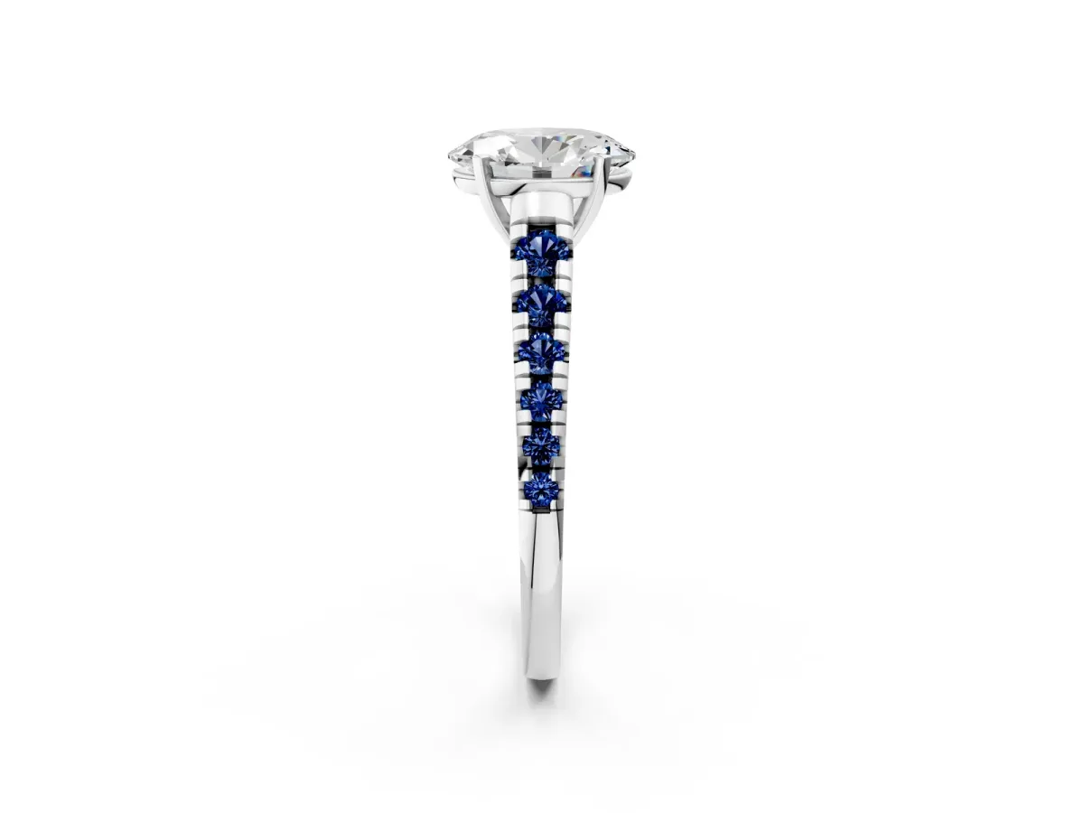 Oval Cut Diamond Cathedral Solitaire Ring with Round Blue Sapphire Pavé Band Silver
