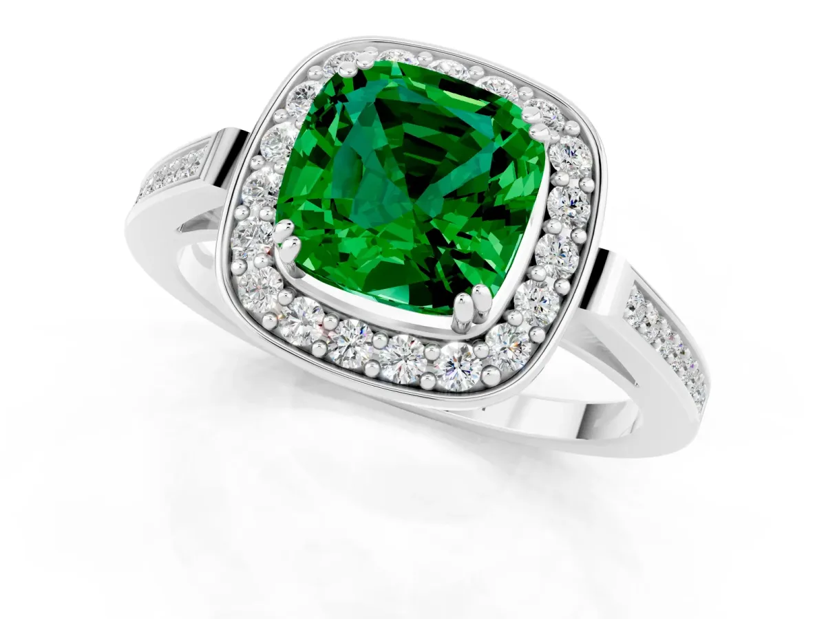 Cushion Cut Emerald Halo Ring with Split Shank and Four-Prong Setting White gold