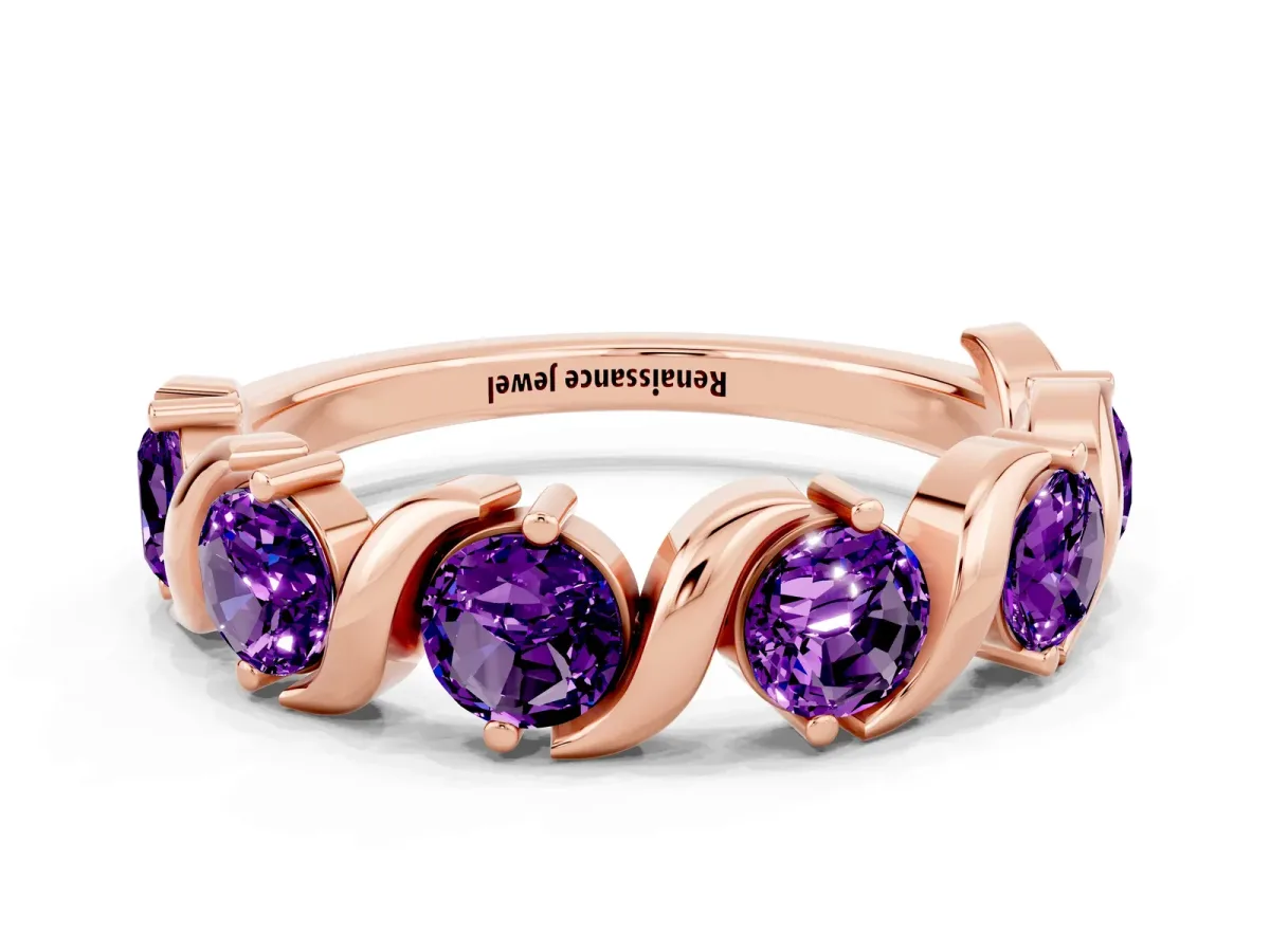 Six-Stone Round Amethyst Wave Band with Shared Prong Setting Rose gold