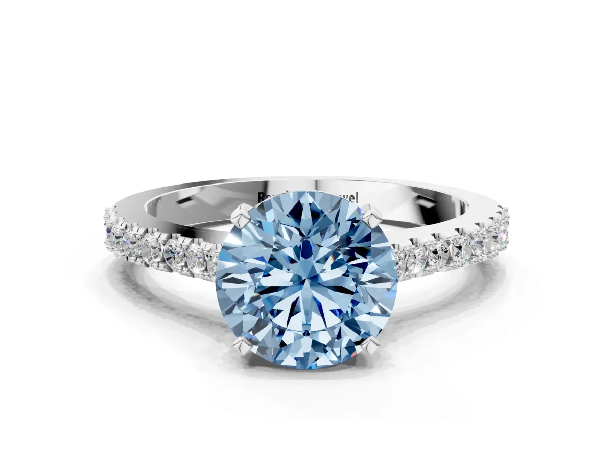 Fancy Blue Asscher Cut Cut Solitaire Diamond Engagement Ring with Pave Band and Four-Prong Setting Silver