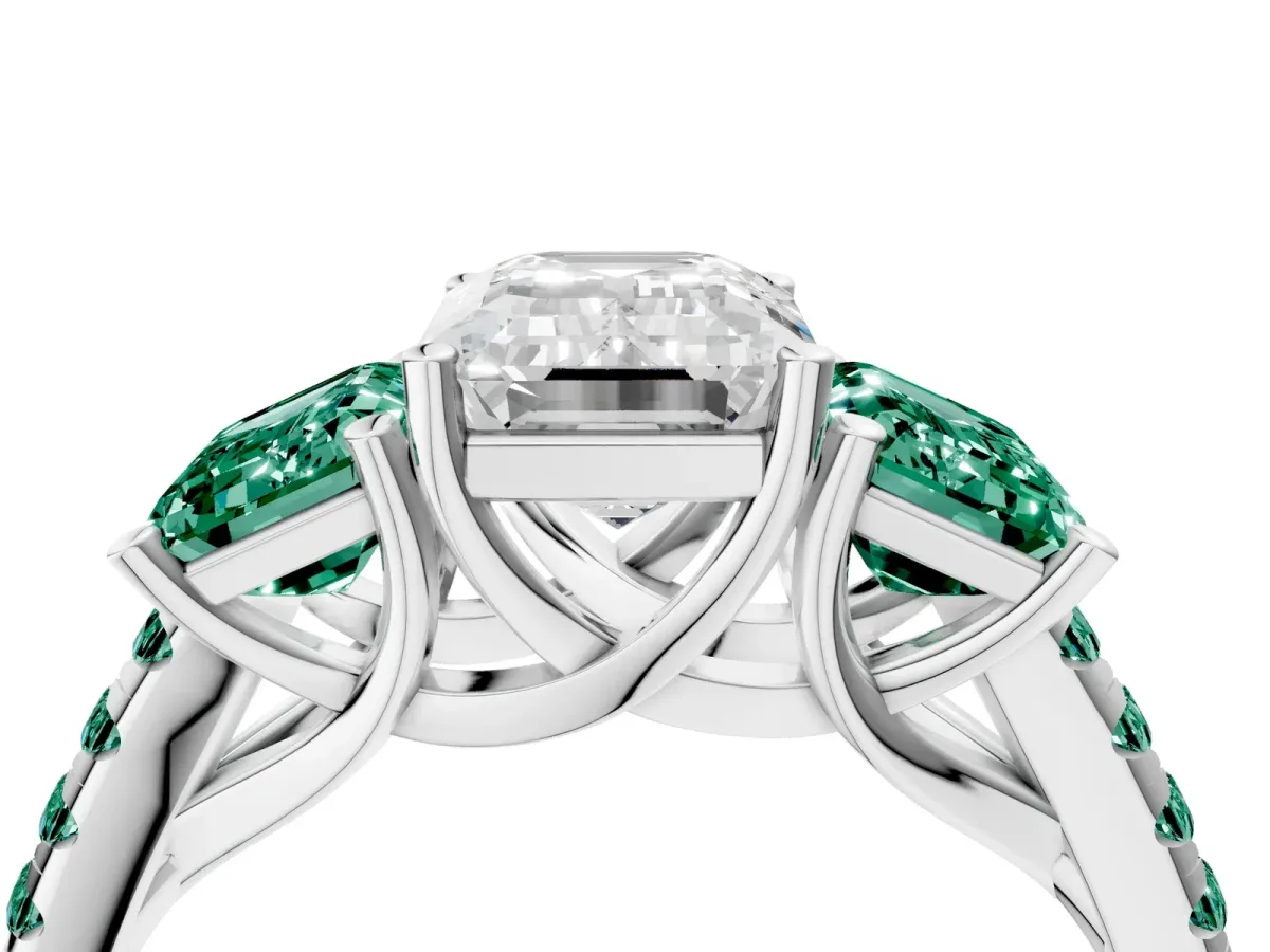 Three-Stone Emerald Cut Diamond Ring with Round Green Sapphire Pavé Band and Prong Setting Silver