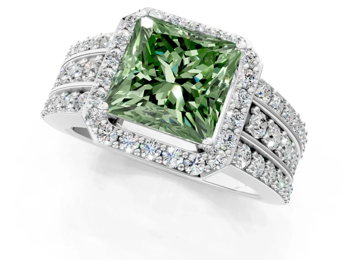 Fancy Green Princess Cut Halo Diamond Ring with Round Split Shank and Prong Setting Silver