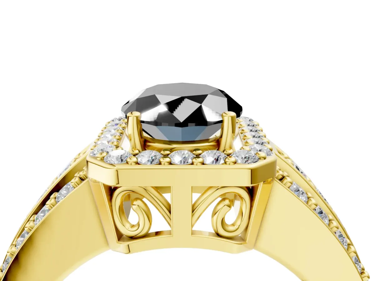Fancy Black Oval Cut Halo Diamond Ring with Round Split Shank and Prong Setting Yellow gold