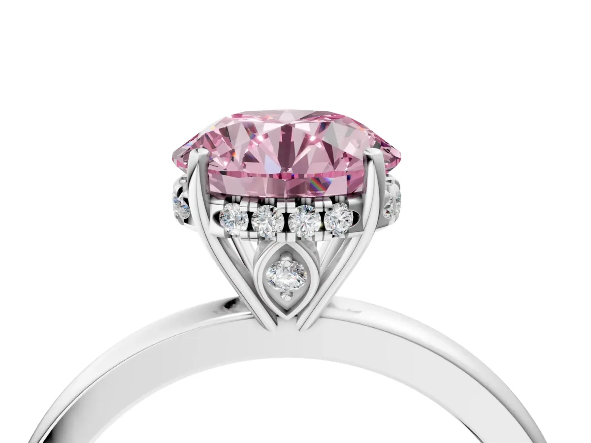 Fancy Pink Round Cut Solitaire Diamond Ring with Prong Setting and Plain Band Platinum