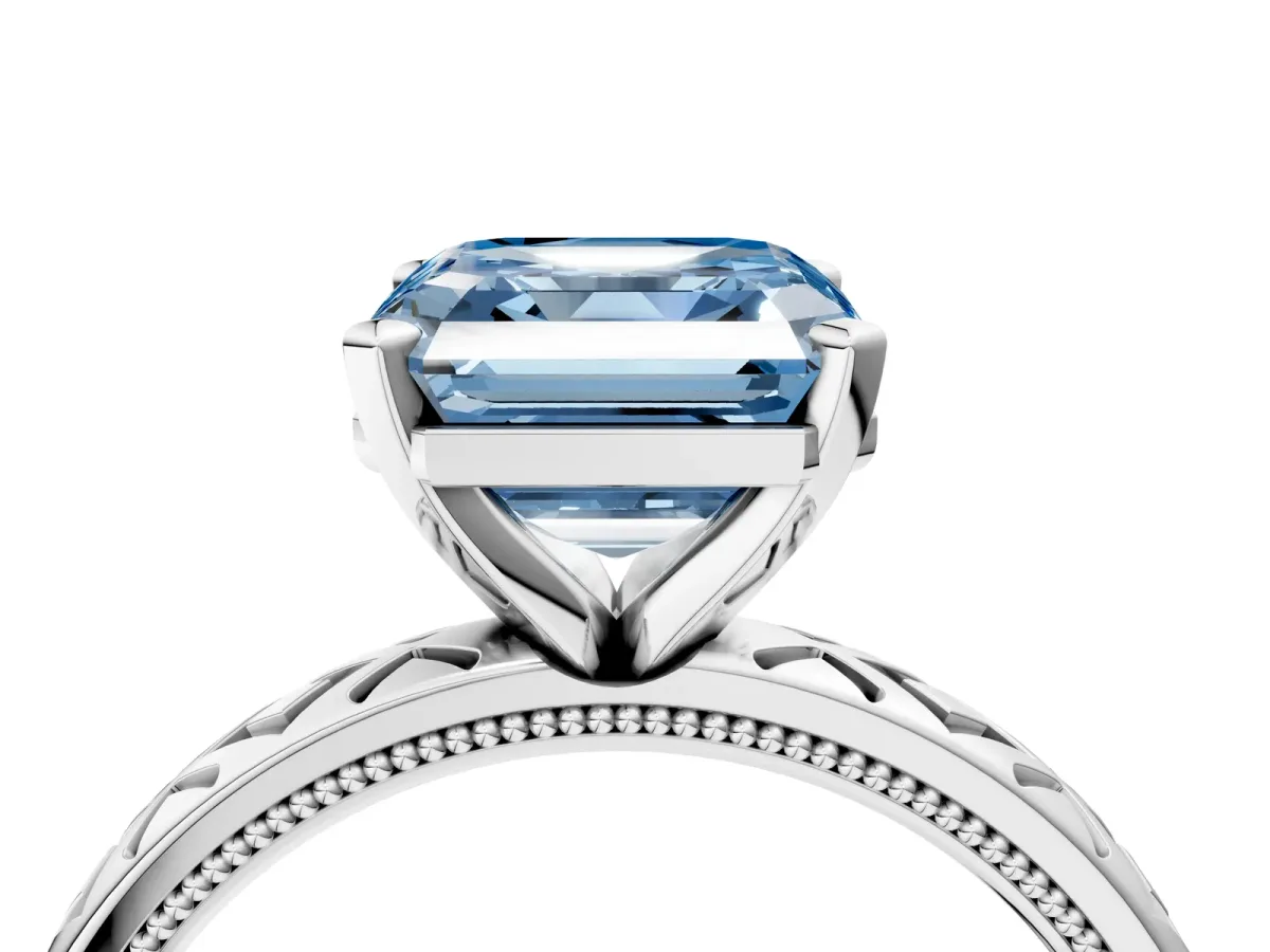 Fancy Blue Asscher Cut Solitaire Diamond Ring with Milgrain and Black Enamel X Pattern Band Platinum