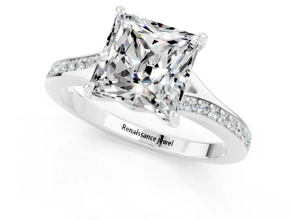 Princess Cut Moissanite Solitaire Ring with Pavé Band and Prong Setting Silver