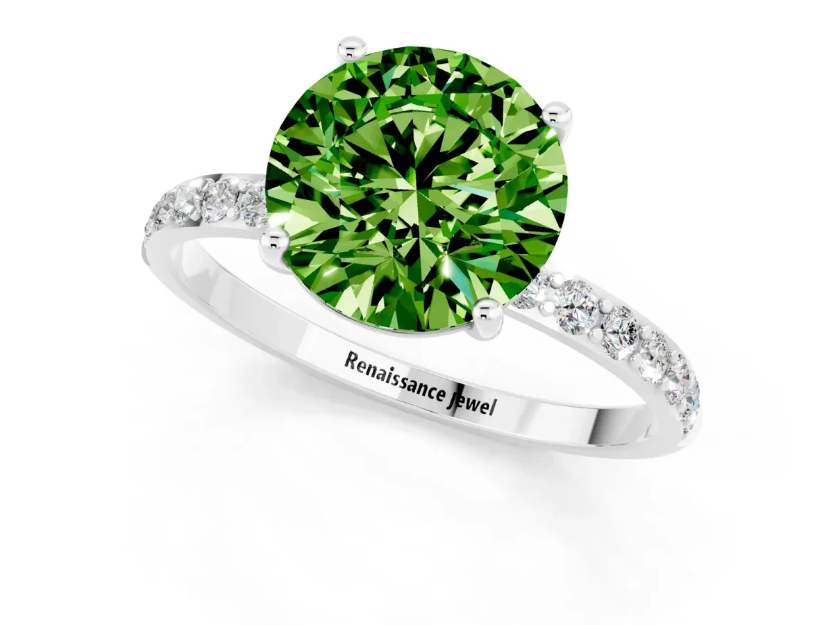 Round Cut Peridot Solitaire Ring with Round Pavé Band and Prong Setting Platinum