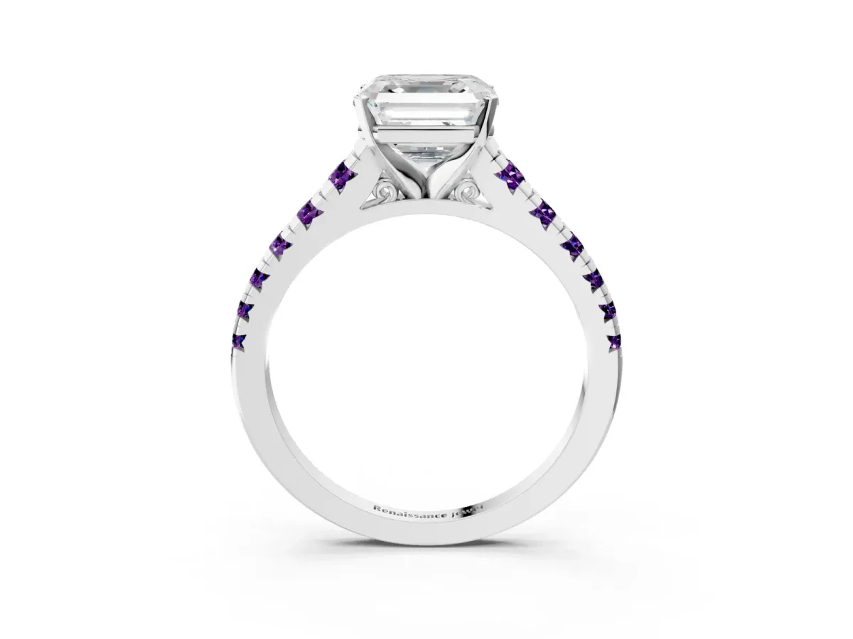 Asscher Cut Diamond Cathedral Solitaire Ring with Round Amethyst Pavé Band Silver