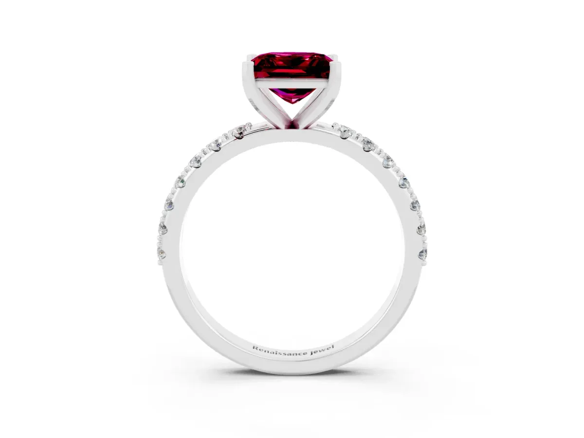 Princess Cut Garnet Solitaire Pavé Band with Four-Prong Setting Silver