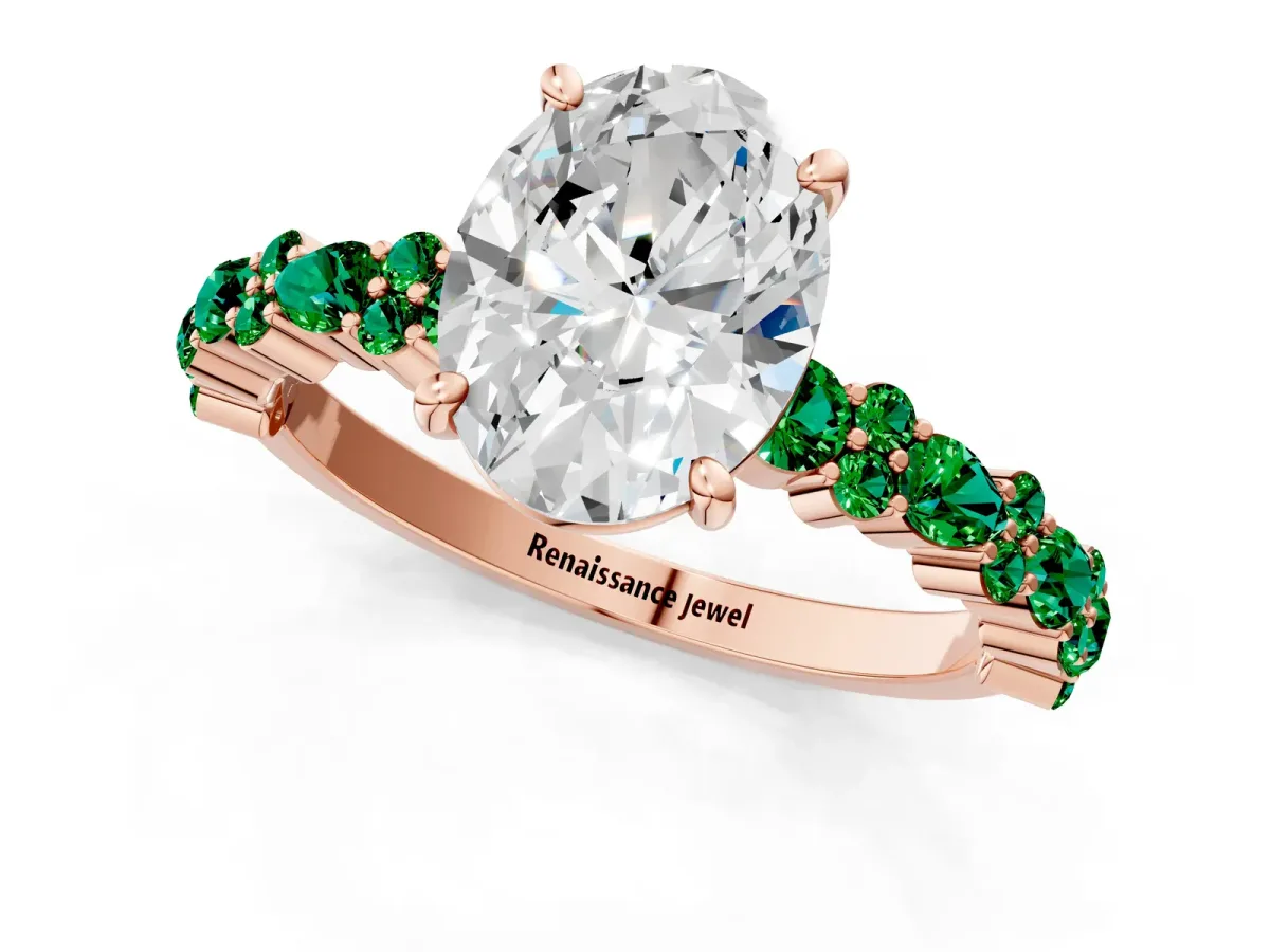 Oval Cut Diamond Side Stone Solitaire Ring with Round Emerald and Four-Prong Setting Rose gold