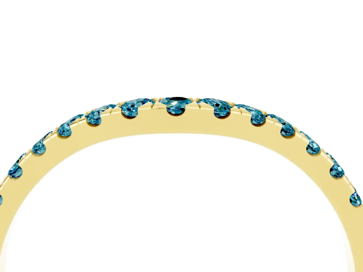 Curved Pavé Round Blue Topaz Wedding Band with Shared Prong Setting Yellow gold