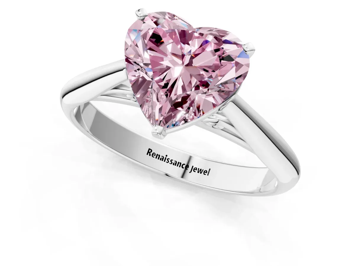 Fancy Pink Heart Cut Diamond Solitaire Engagement Ring with Cathedral Setting and Four-Prong Mount Silver
