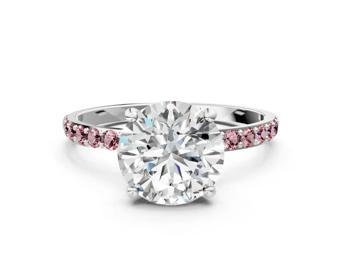 Round Cut Diamond Solitaire Ring with Round Morganite Pavé Band and Prong Setting Silver