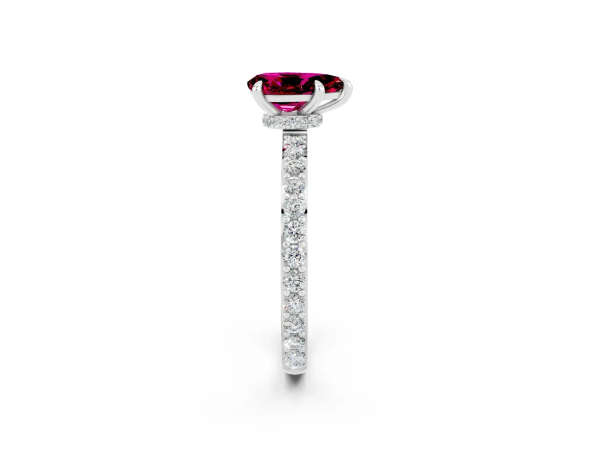 Pear Cut Garnet Solitaire Engagement Ring with Pavé Band and Four-Prong Setting Silver