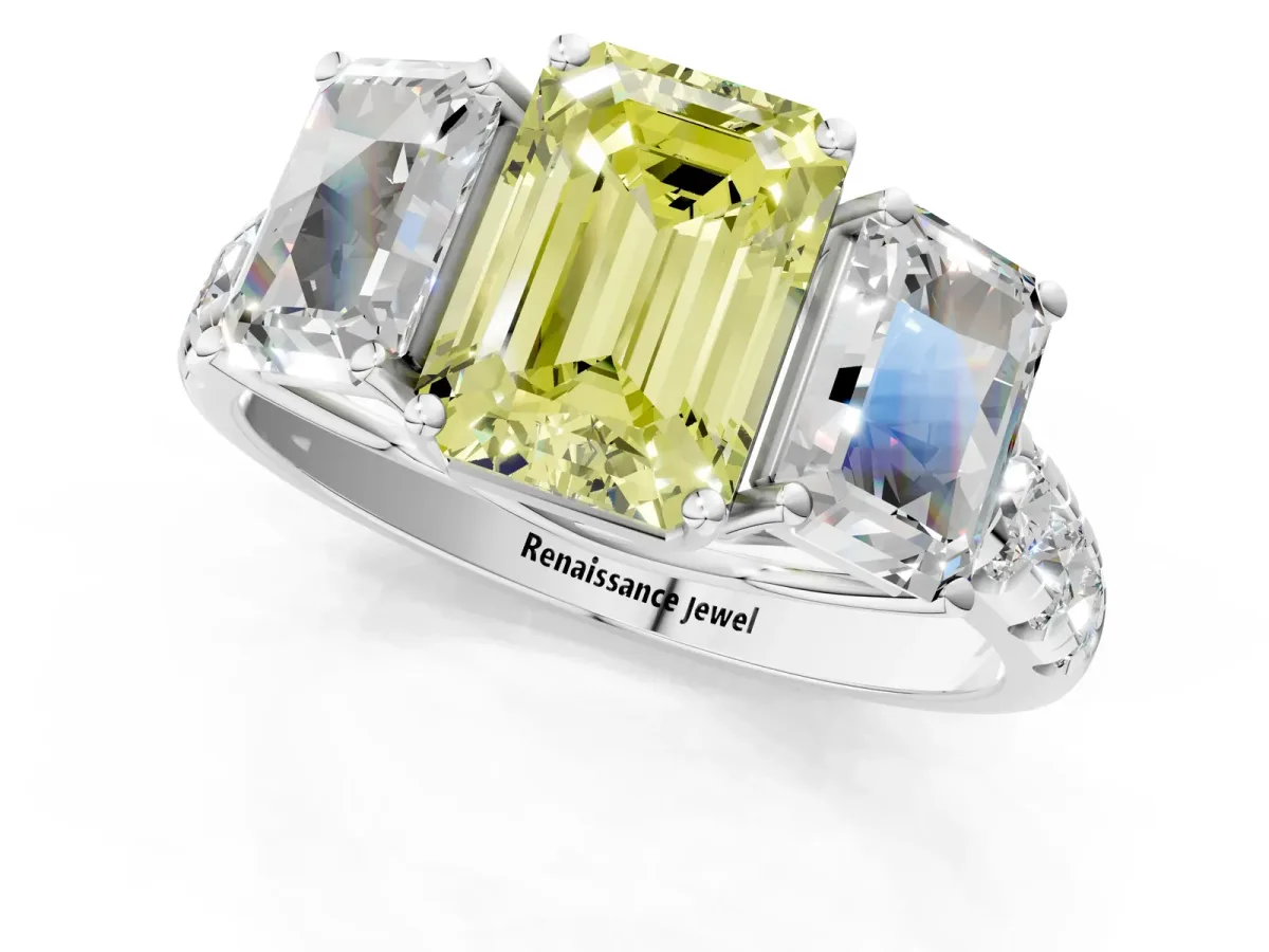 Fancy Yellow Three-Stone Emerald Cut Diamond Pavé Band with Prong Setting Platinum