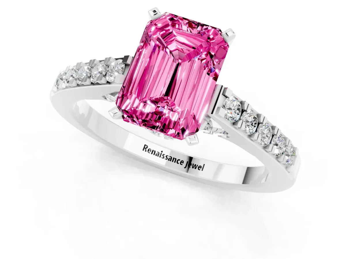 Emerald Cut Pink Sapphire Solitaire Ring with Crossover Gallery and Round Pavé Band Silver