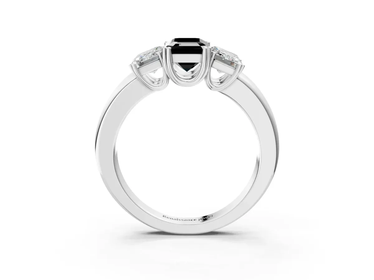 Fancy Black Three-Stone Emerald Cut Cut Diamond Ring with Channel Set Band and Four-Prong Setting Platinum