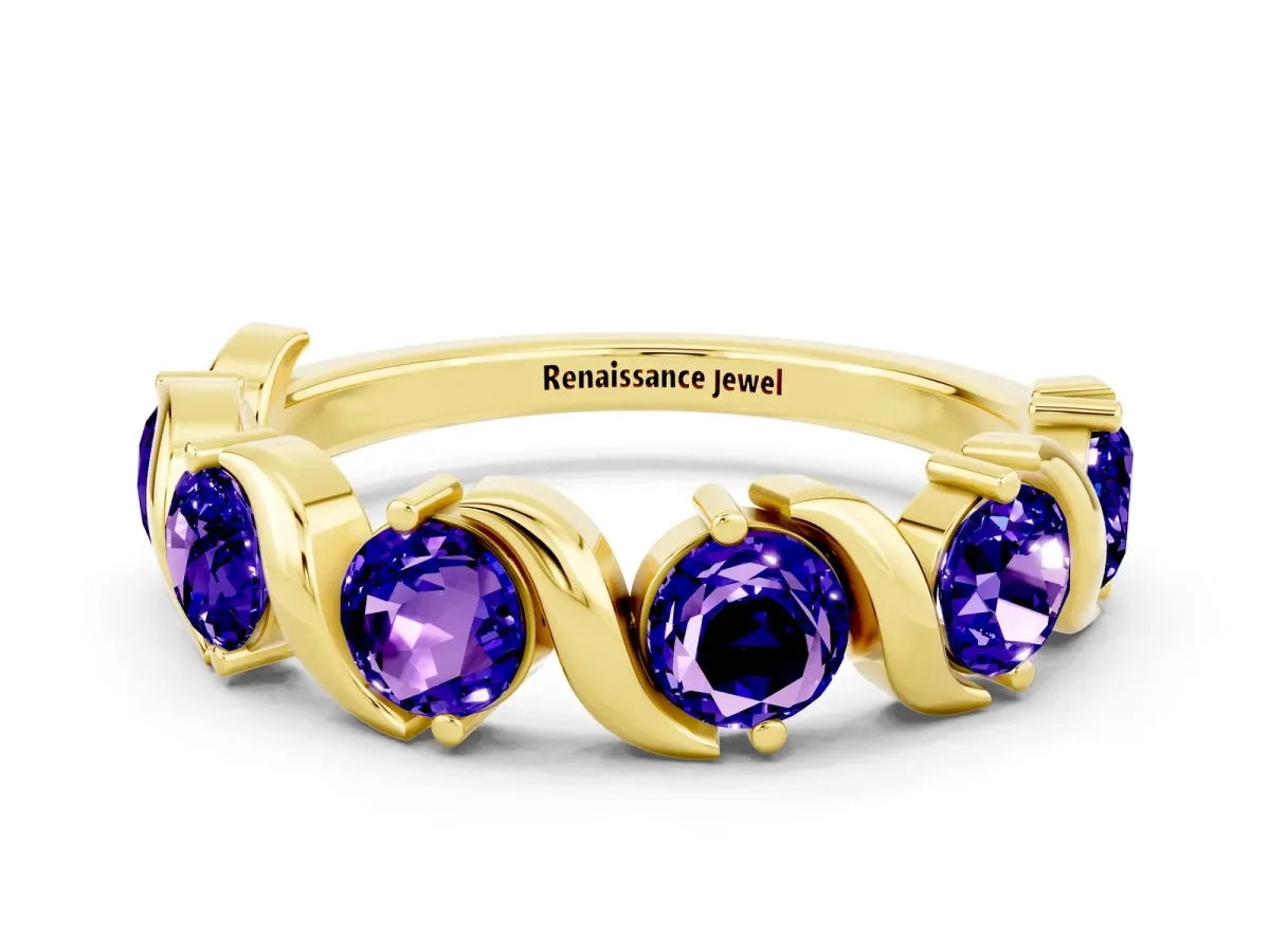 Round Tanzanite Half Eternity Band with Wave Prong Setting Yellow gold