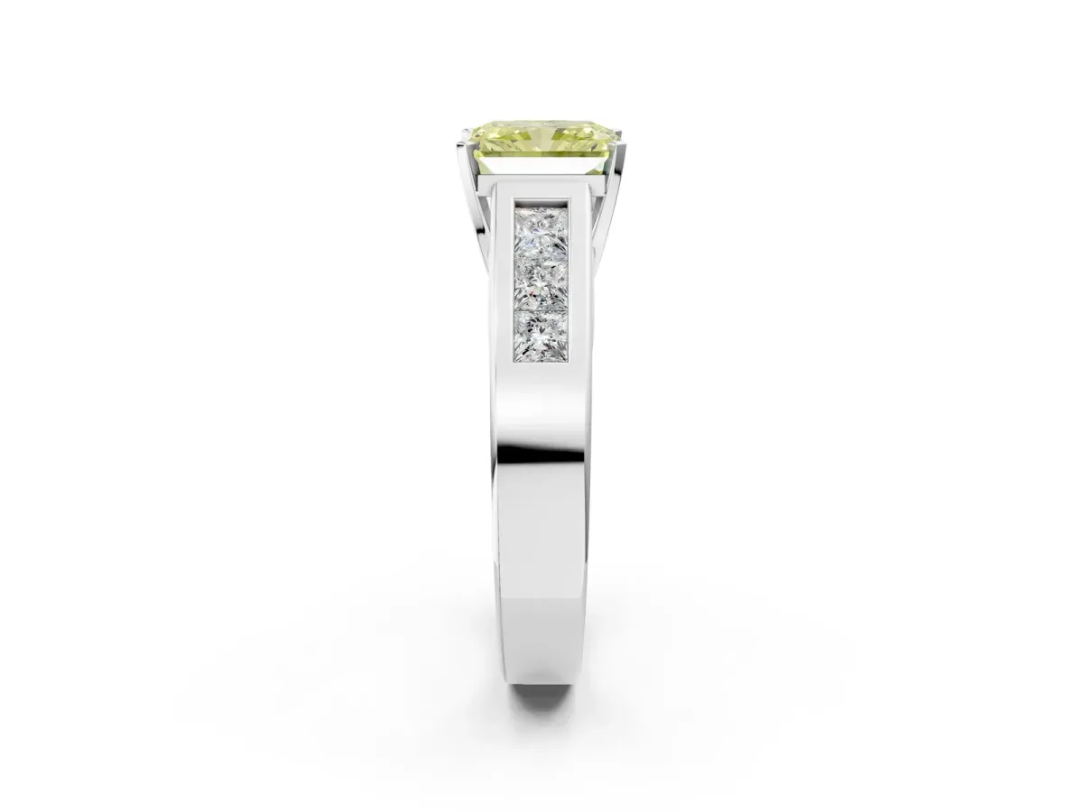 Fancy Yellow Radiant Cut Cut Channel Set Solitaire Ring with Four-Prong Setting White gold