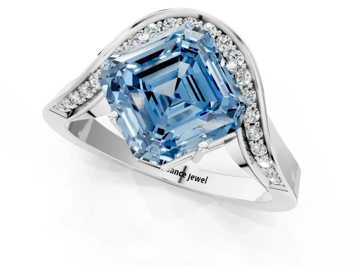 Fancy Blue Asscher Cut Solitaire Diamond Engagement Ring with Pave Band and Four-Prong Setting Silver
