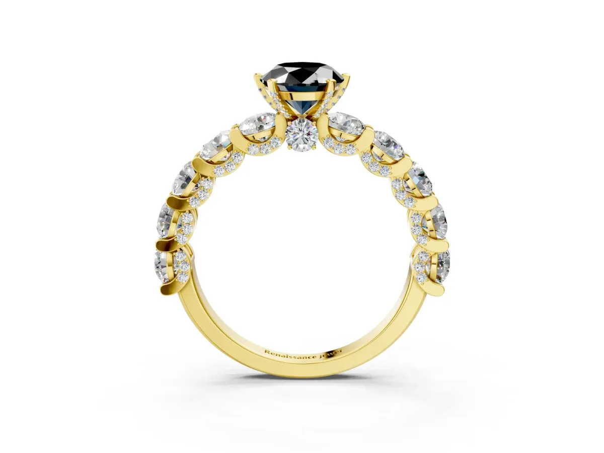 Fancy Black Oval Cut Diamond Side Stone Engagement Ring with Four-Prong Setting Yellow gold