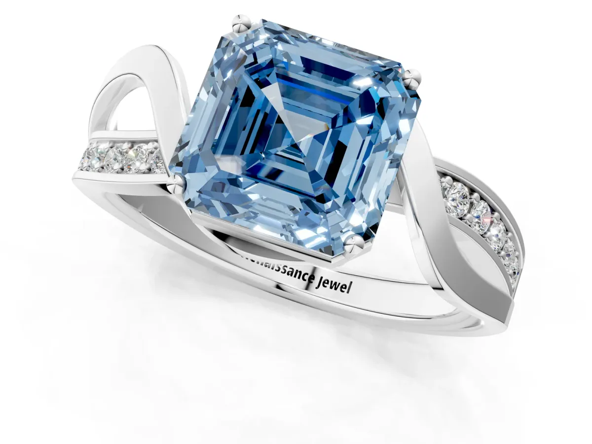 Fancy Blue Asscher Cut Solitaire Twisted Band with Prong Setting Platinum