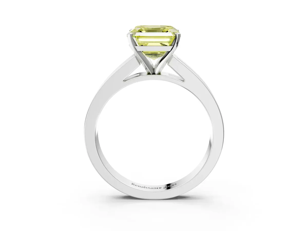 Fancy Yellow Asscher Cut Solitaire Diamond Ring with Channel-Set Band and Four-Prong Setting Platinum