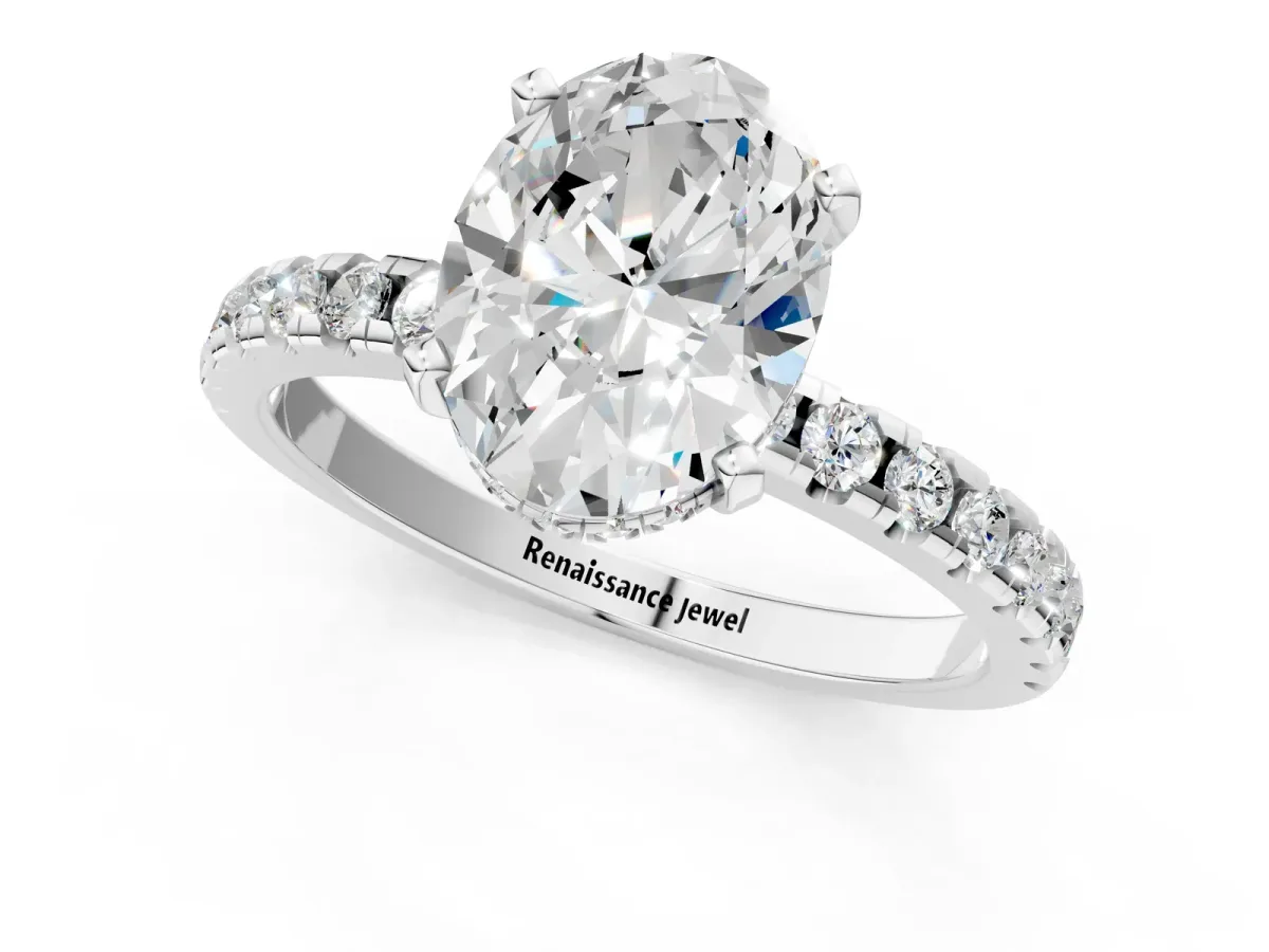 Oval Cut Diamond Solitaire Ring with Round Pavé Band and Four-Prong Setting Silver